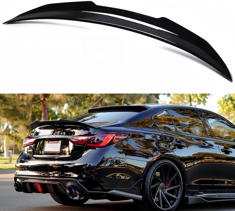 Oasiland جناح خلفي متوافق مع إنفينيتي Q50 2014-2024، تصميم PSM جناح بطة يناسب 14-24 سيدان 4 أبواب، جناح خارجي مرتفع لغطاء الصندوق لامع أسود - Image 1